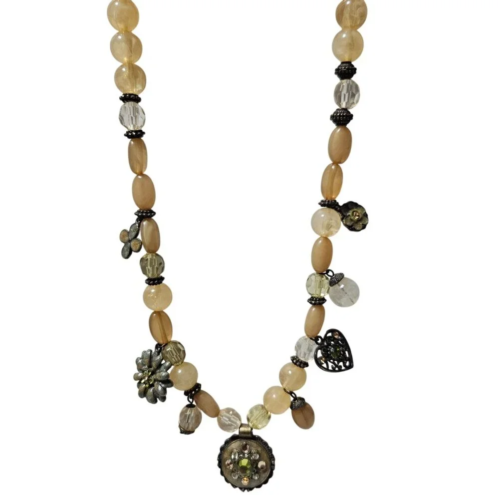 Vintage Yellow Beaded Charm Necklace Green Rhinestone Floral Pendant Jewelry
